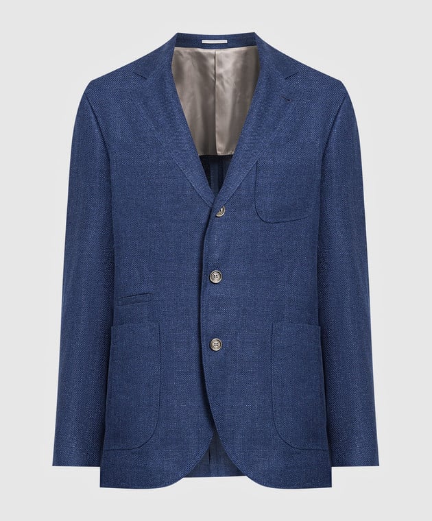 BRUNELLO CUCINELLI MEN'S BLUE LINEN WOOL BLEND BLAZER