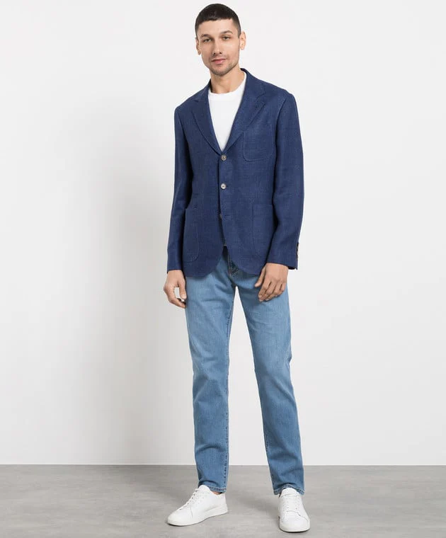 BRUNELLO CUCINELLI MEN'S BLUE LINEN WOOL BLEND BLAZER - Image 2
