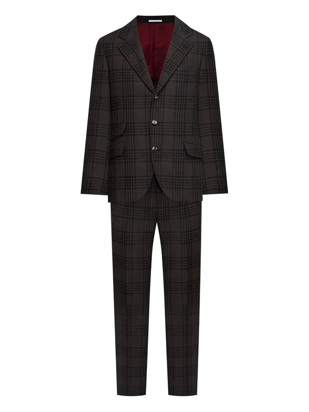 BRUNELLO CUCINELLI MEN'S BROWN PLAID WOOL SILK SUIT