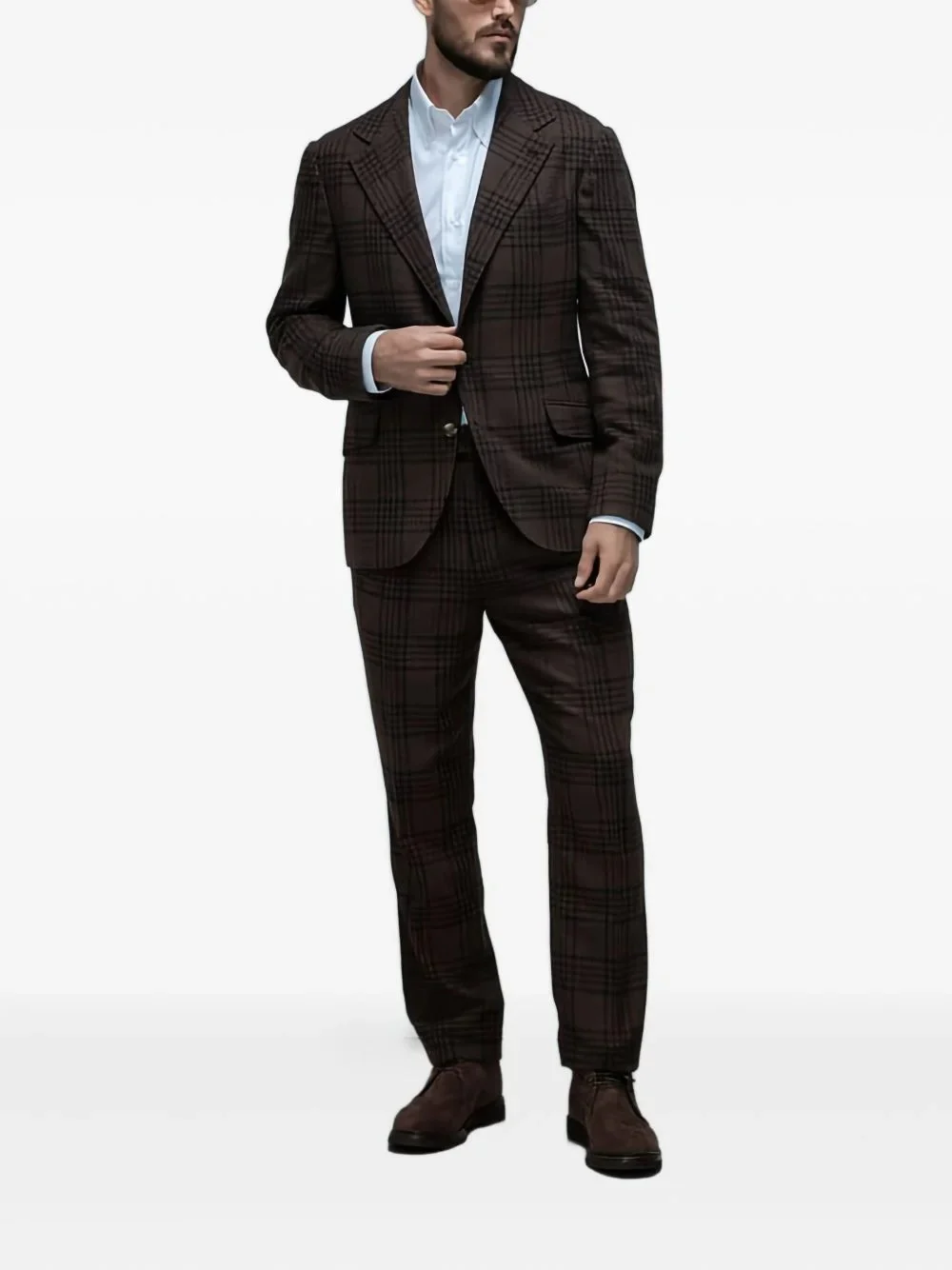 BRUNELLO CUCINELLI MEN'S BROWN PLAID WOOL SILK SUIT - Image 2