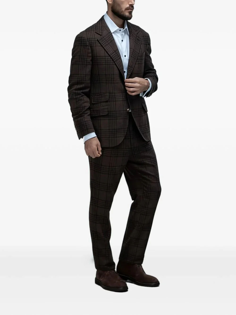 BRUNELLO CUCINELLI MEN'S BROWN PLAID WOOL SILK SUIT - Image 3