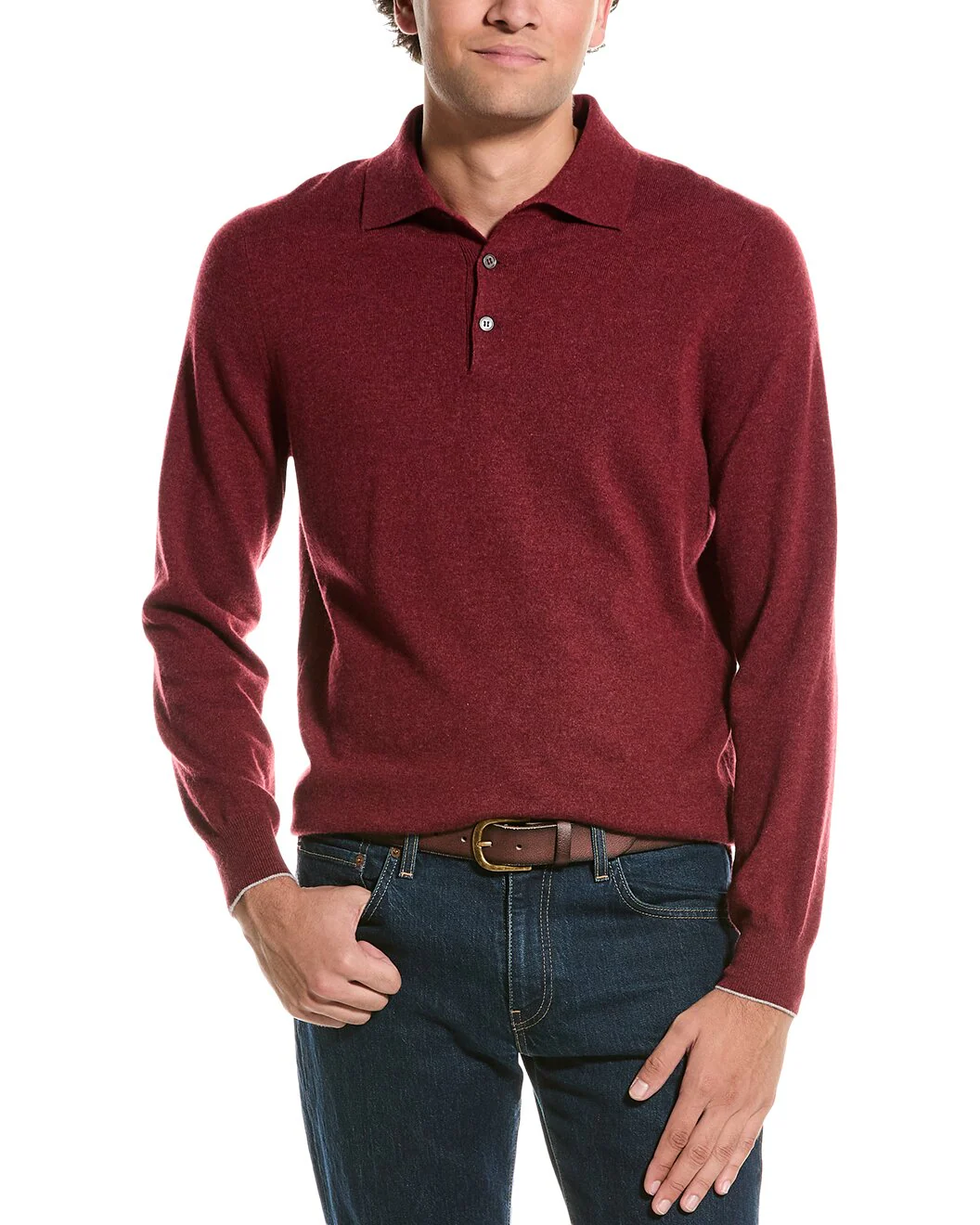 BRUNELLO CUCINELLI MEN'S BURGUNDY KNIT POLO SWEATER