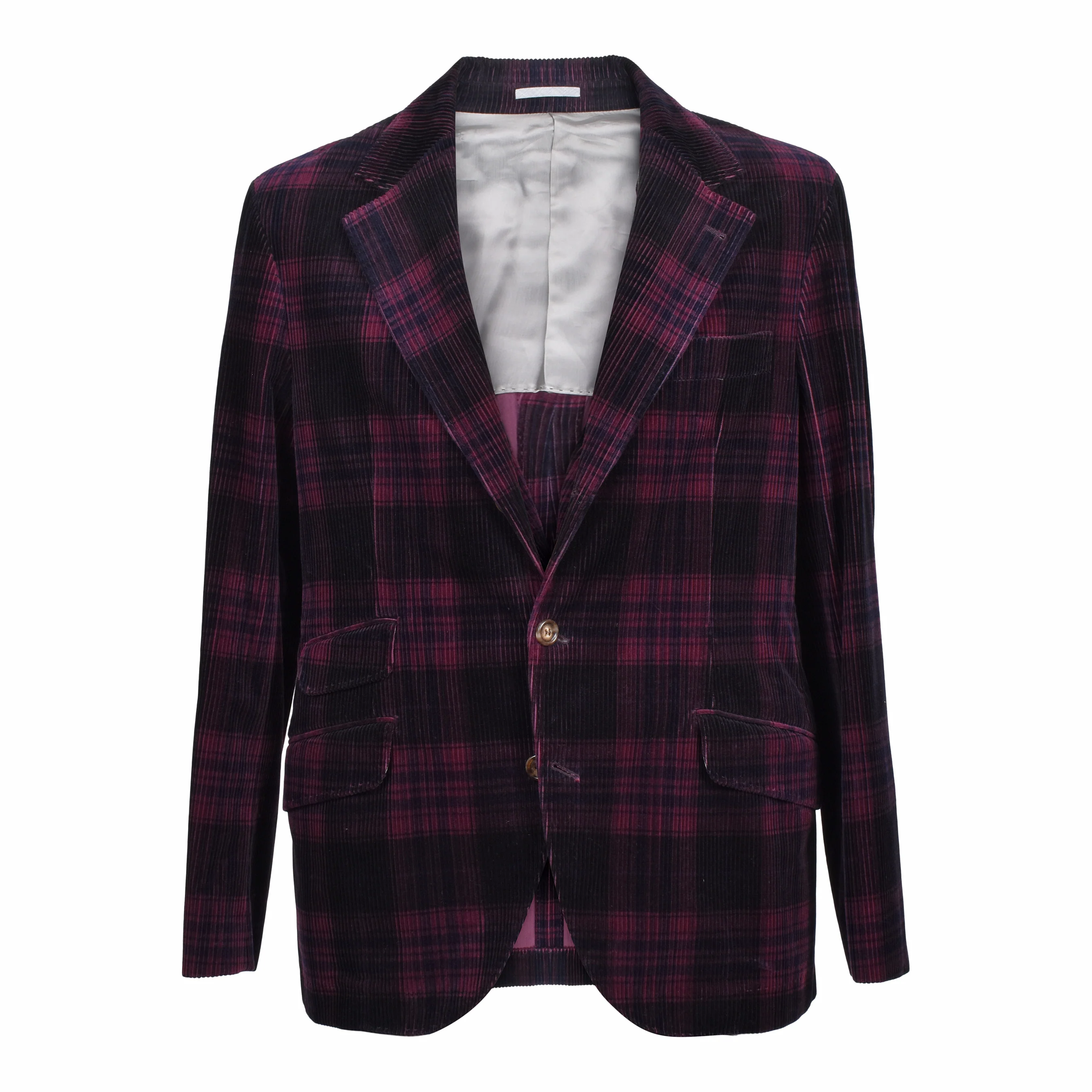 BRUNELLO CUCINELLI MEN'S BURGUNDY PLAID CORDUROY BLAZER