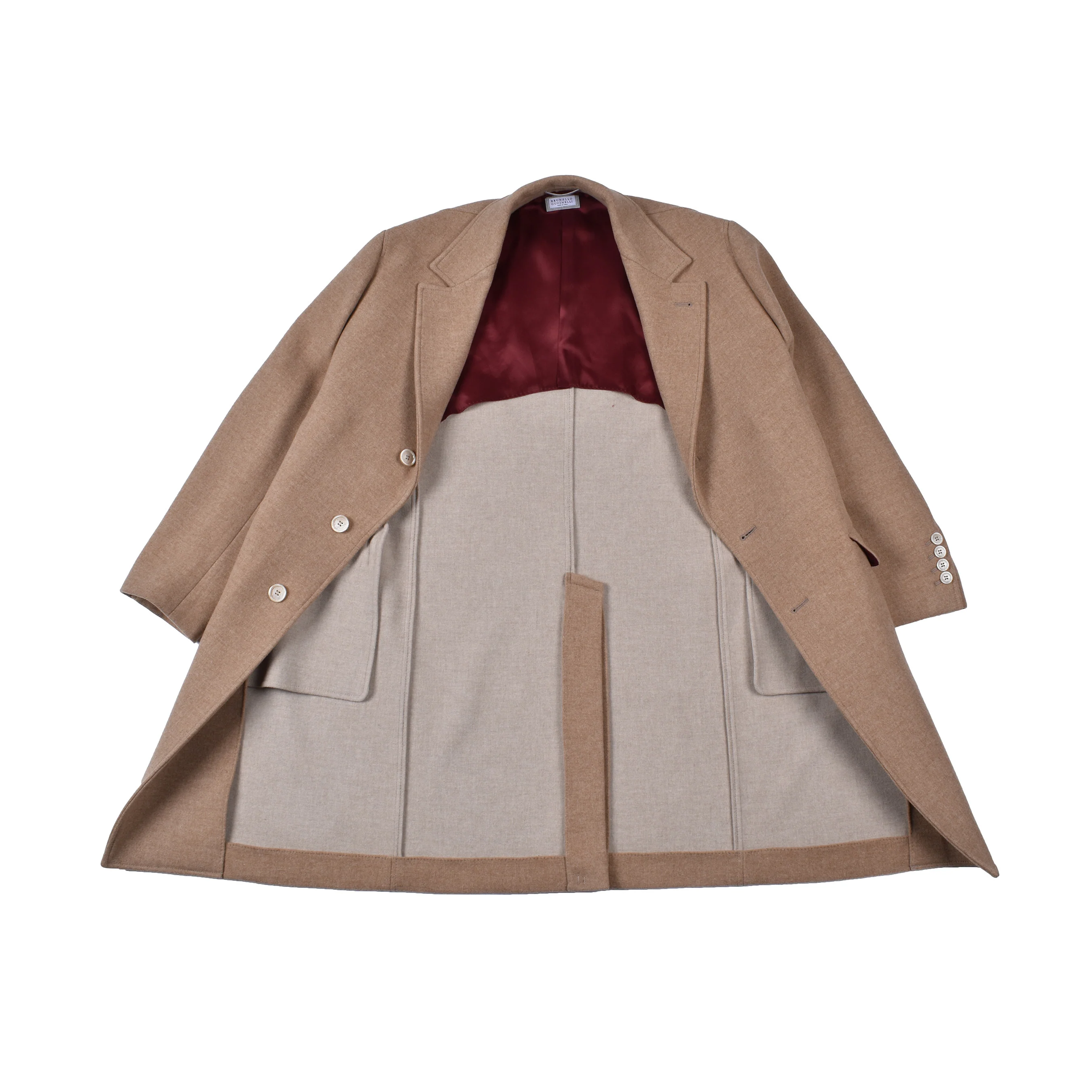 BRUNELLO CUCINELLI MEN'S LIGHT CAMEL CASHMERE BLEND LONG COAT - Image 3