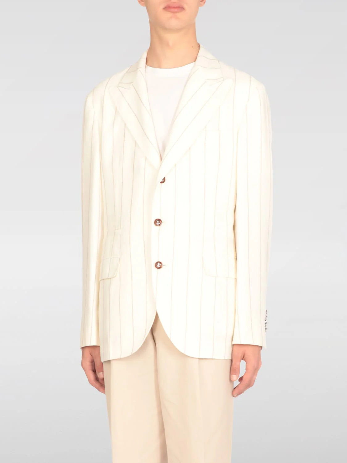 BRUNELLO CUCINELLI MEN'S CREAM PINSTRIPE LINEN BLEND BLAZER