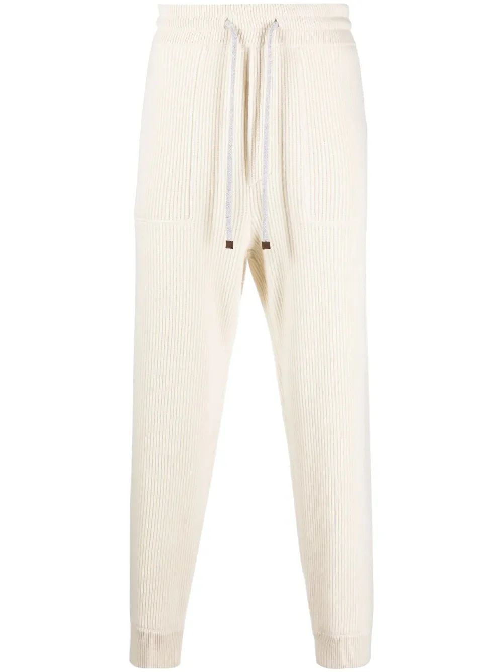 BRUNELLO CUCINELLI MEN'S CREAM RIBBED KNIT DRAWSTRING TROUSERS