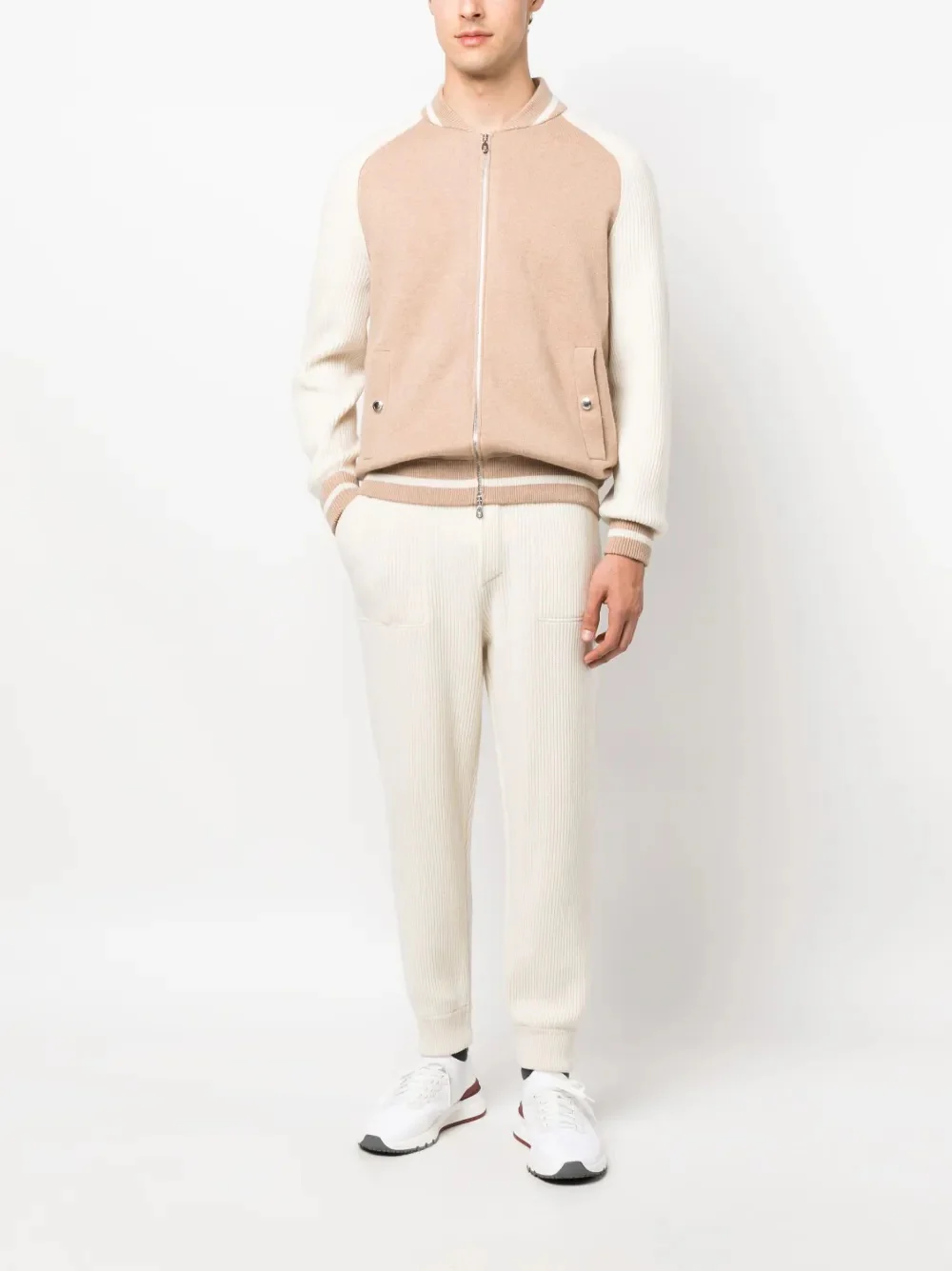 BRUNELLO CUCINELLI MEN'S CREAM RIBBED KNIT DRAWSTRING TROUSERS - Image 2