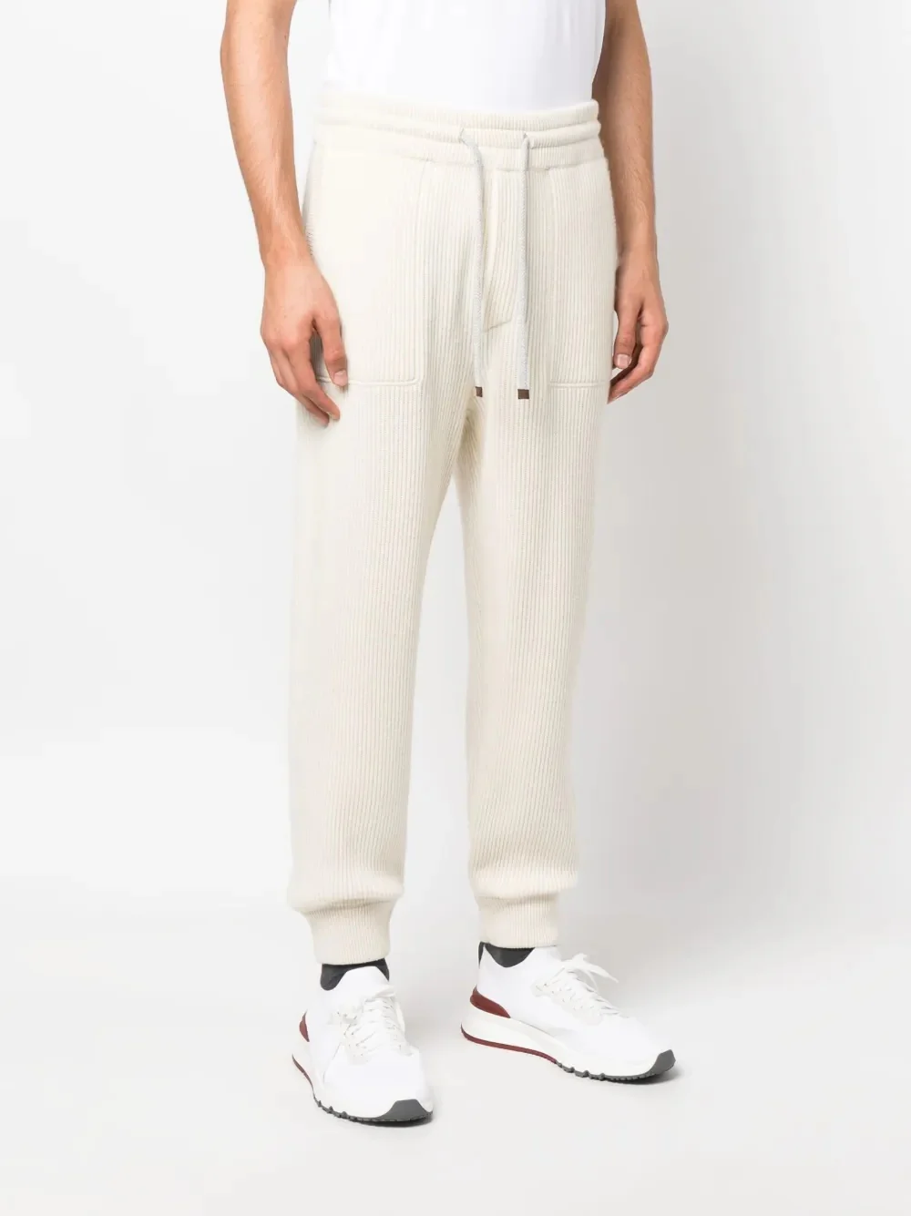 BRUNELLO CUCINELLI MEN'S CREAM RIBBED KNIT DRAWSTRING TROUSERS - Image 3