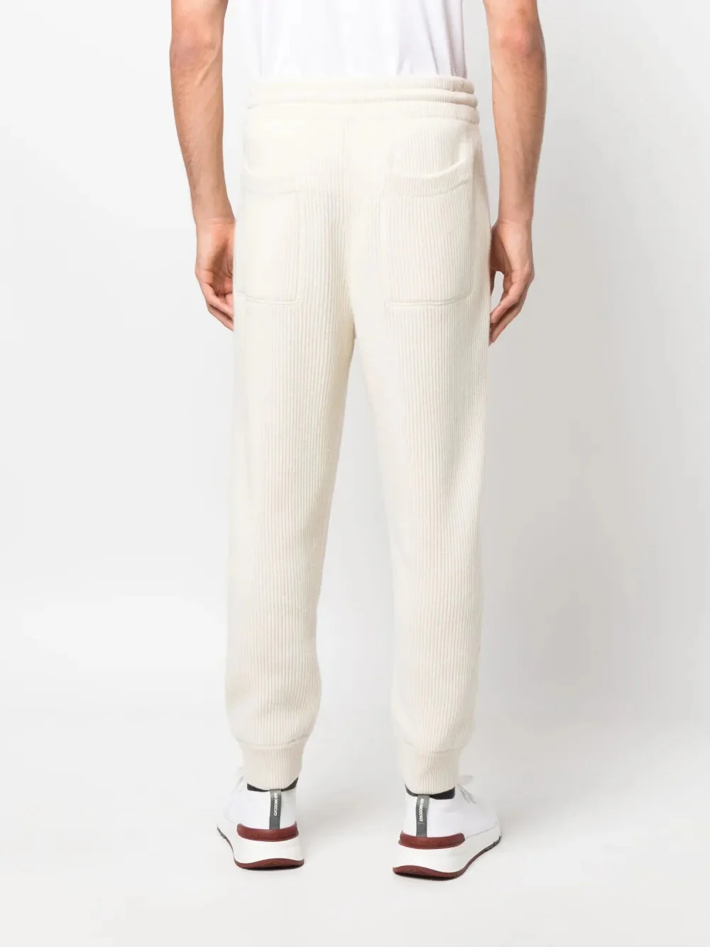 BRUNELLO CUCINELLI MEN'S CREAM RIBBED KNIT DRAWSTRING TROUSERS - Image 4