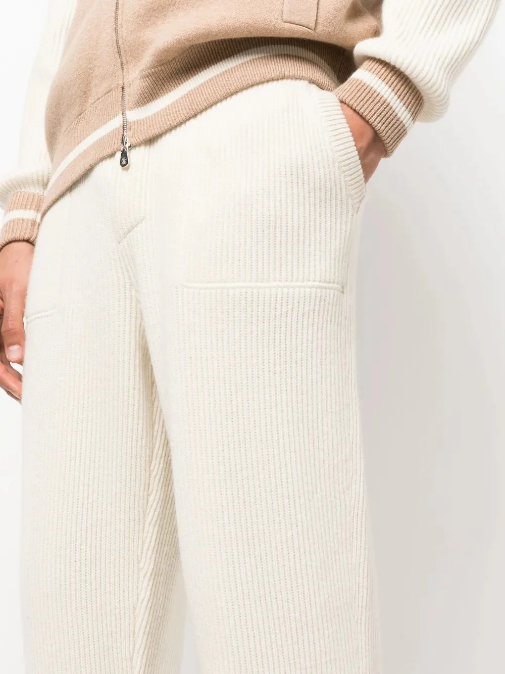 BRUNELLO CUCINELLI MEN'S CREAM RIBBED KNIT DRAWSTRING TROUSERS - Image 5