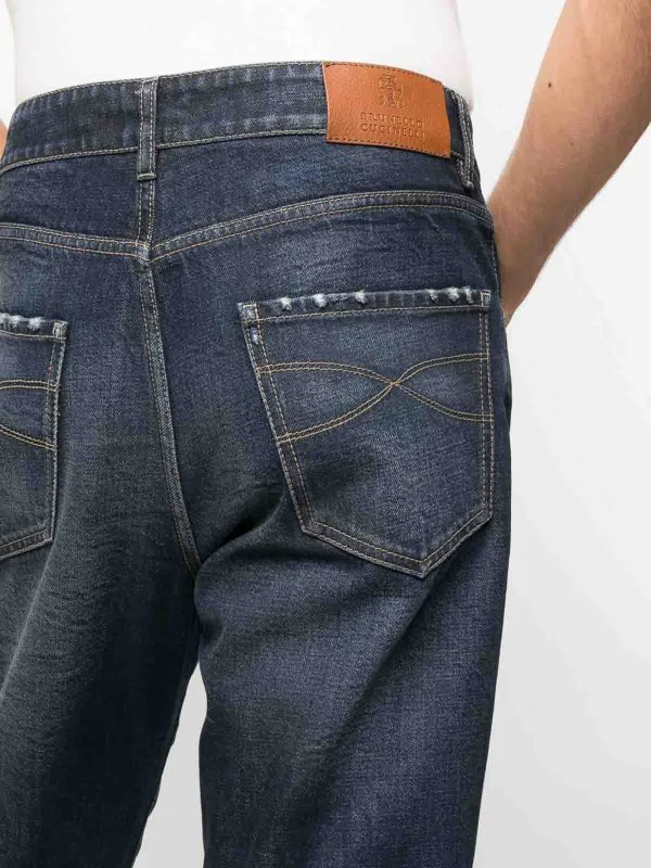 BRUNELLO CUCINELLI MEN'S DARK WASH DISTRESSED DENIM JEANS - Image 5
