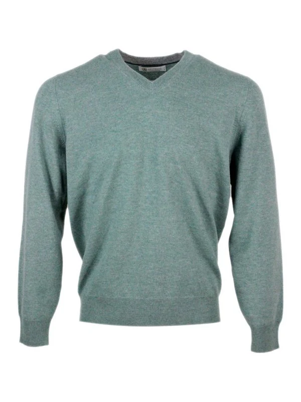 BRUNELLO CUCINELLI MEN'S DENIM CASHMERE V-NECK SWEATER