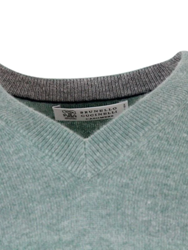 BRUNELLO CUCINELLI MEN'S DENIM CASHMERE V-NECK SWEATER - Image 4