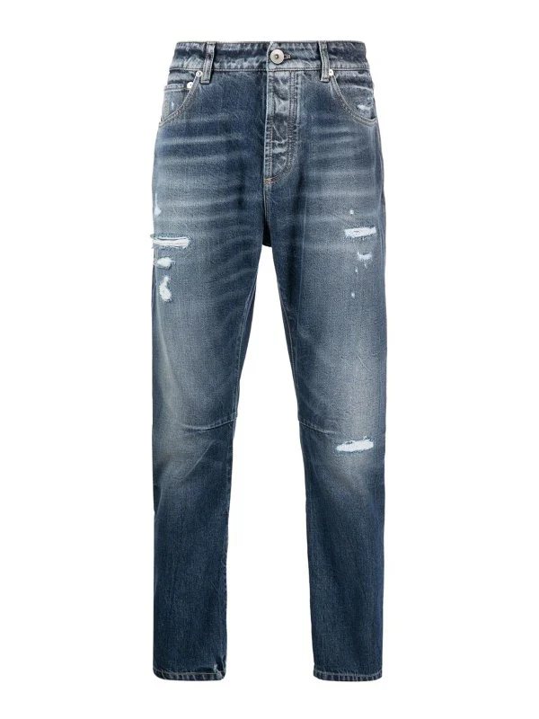 BRUNELLO CUCINELLI MEN'S DISTRESSED BLUE DENIM JEANS