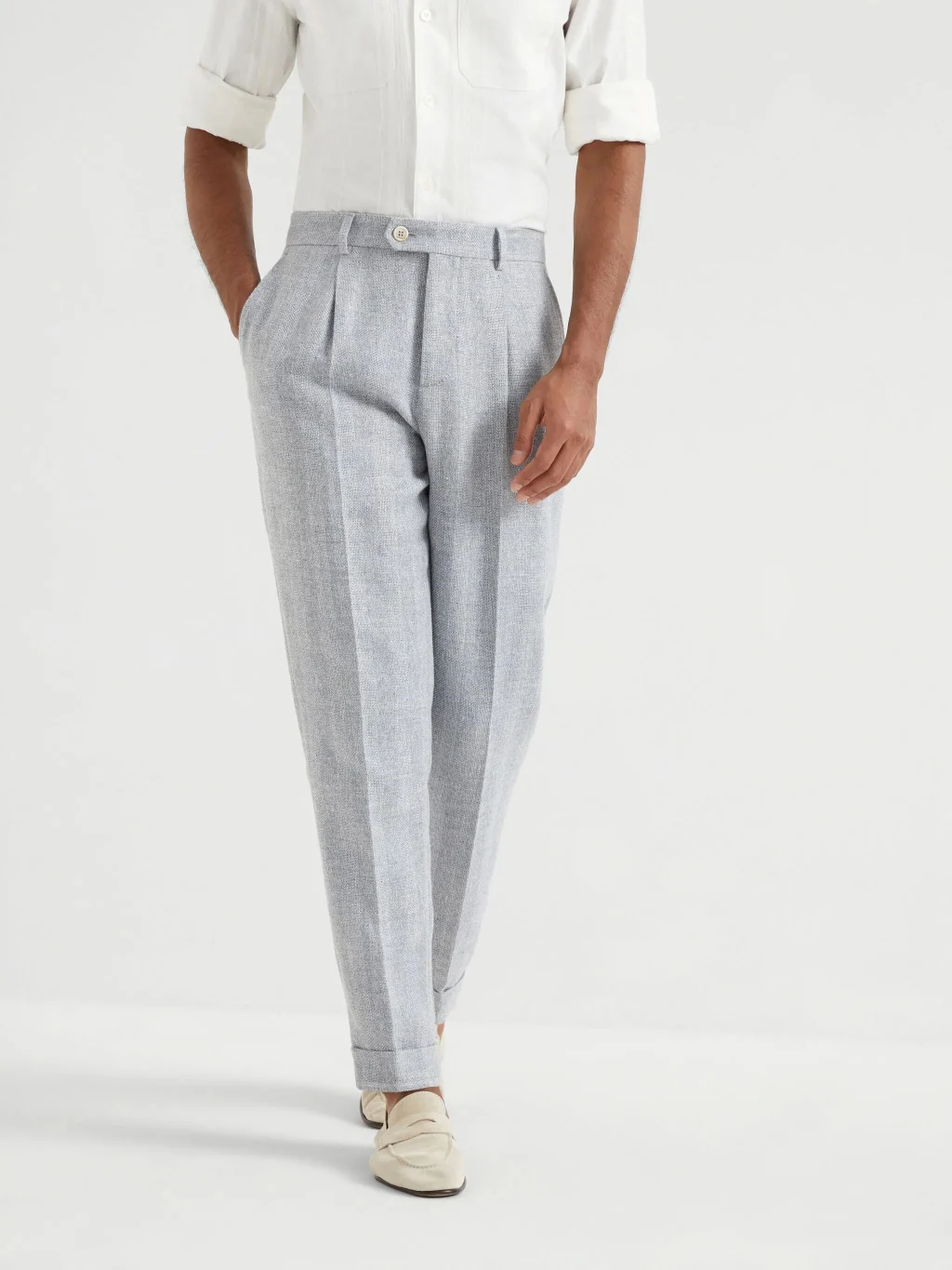 BRUNELLO CUCINELLI MEN'S DUST LINEN SILK WOOL TROUSERS - Image 3