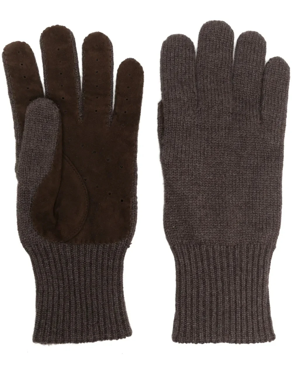 BRUNELLO CUCINELLI MEN'S BROWN KNIT GLOVES WITH SUEDE PALMS