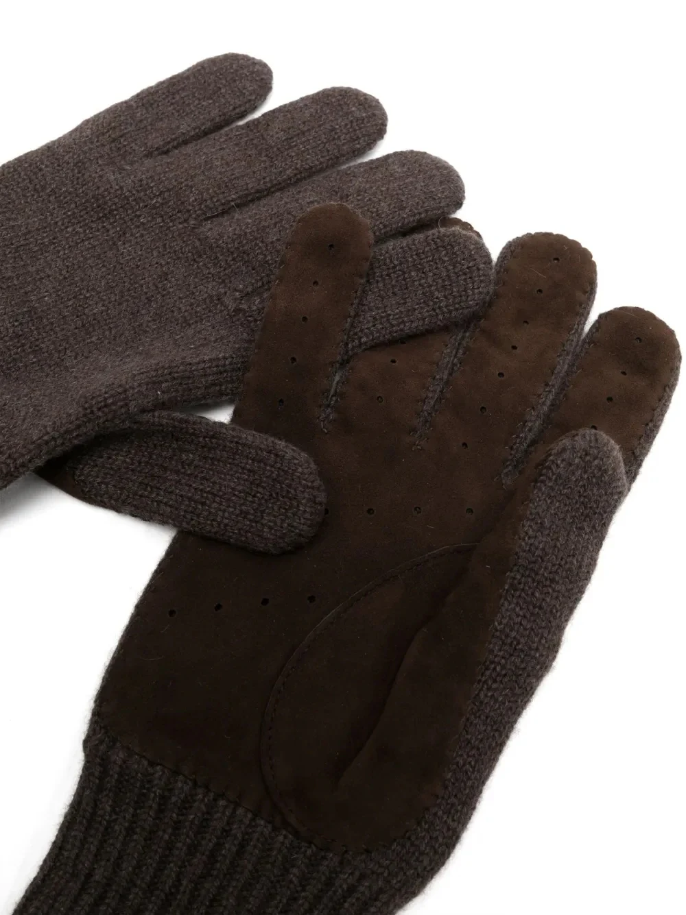 BRUNELLO CUCINELLI MEN'S BROWN KNIT GLOVES WITH SUEDE PALMS - Image 2