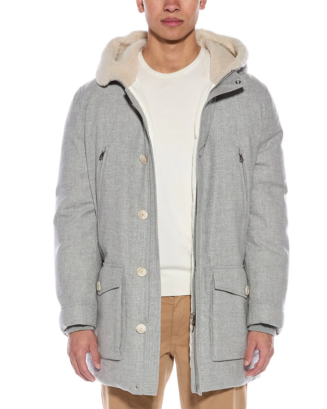 BRUNELLO CUCINELLI MEN'S GRAY HOODED WOOL COAT