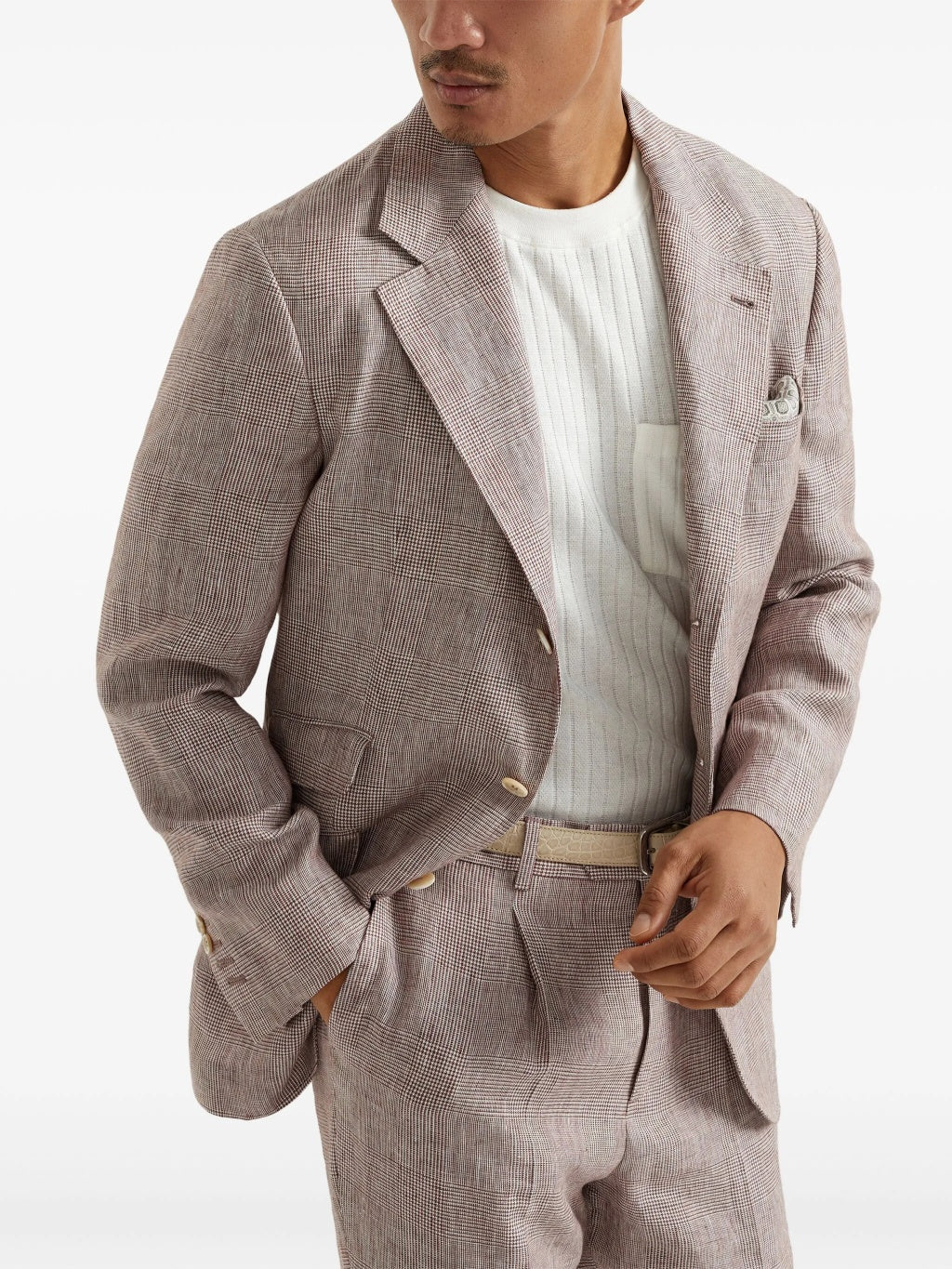 BRUNELLO CUCINELLI MEN'S GREY LINEN CHECK BLAZER - Image 2