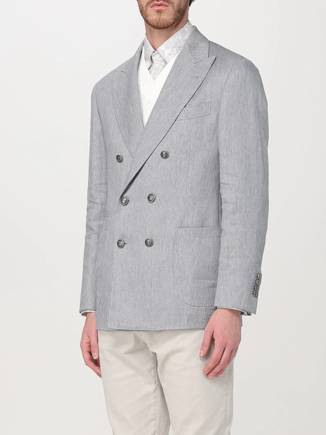BRUNELLO CUCINELLI MEN'S GREY LINEN DOUBLE-BREASTED BLAZER - Image 4
