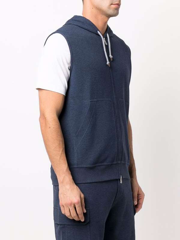 BRUNELLO CUCINELLI MEN'S BLUE SLEEVELESS ZIP HOODIE - Image 2