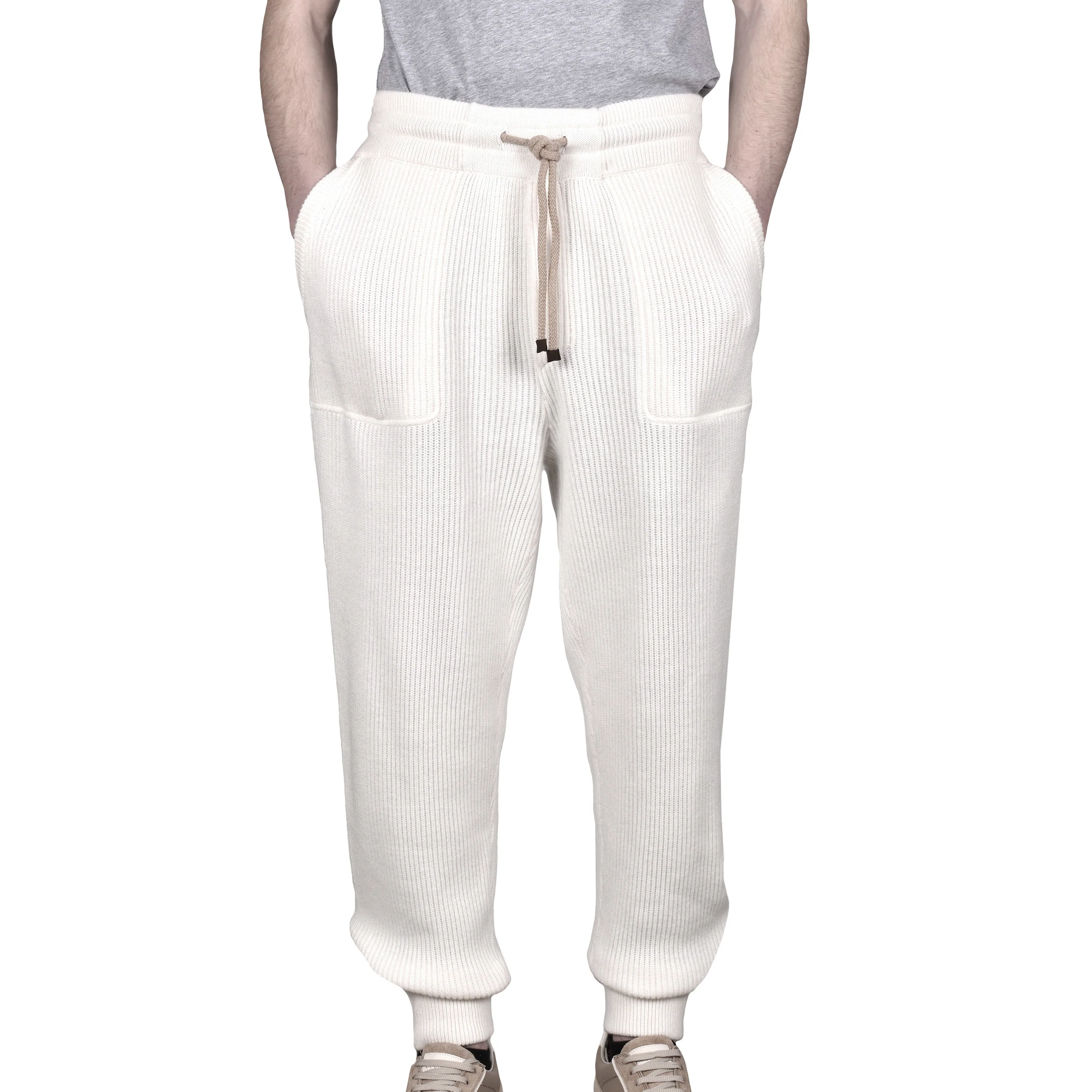 BRUNELLO CUCINELLI MEN'S CREAM RIBBED DRAWSTRING TROUSERS