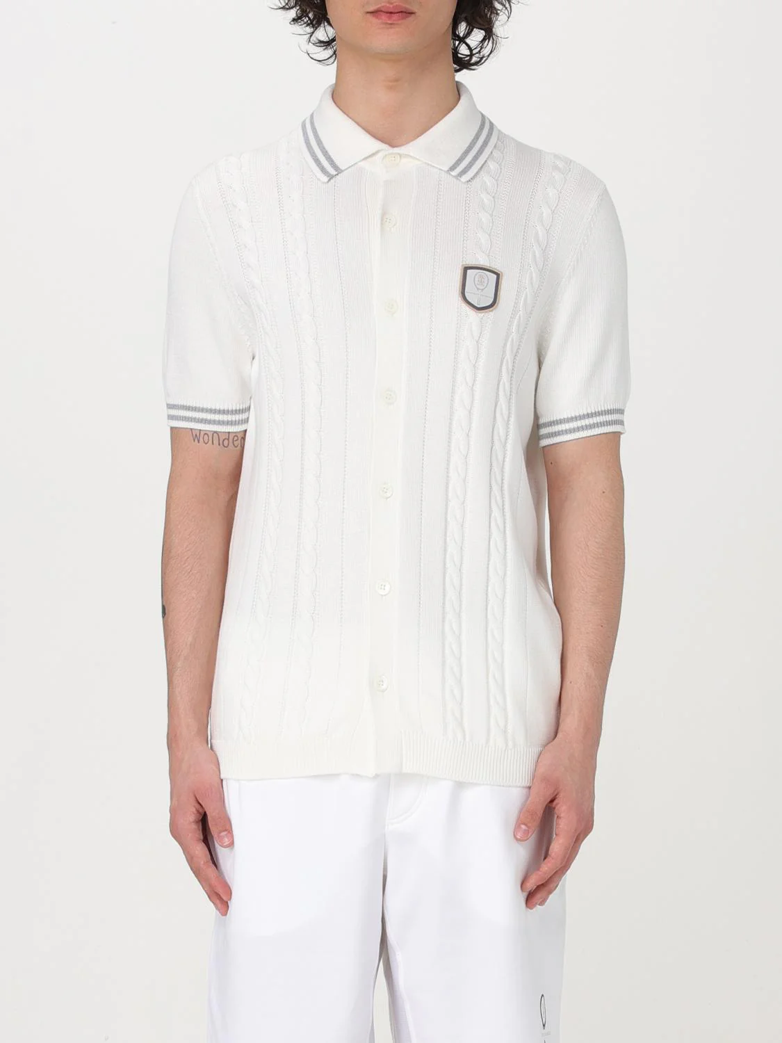 BRUNELLO CUCINELLI MEN'S IVORY CABLE-KNIT POLO SHIRT
