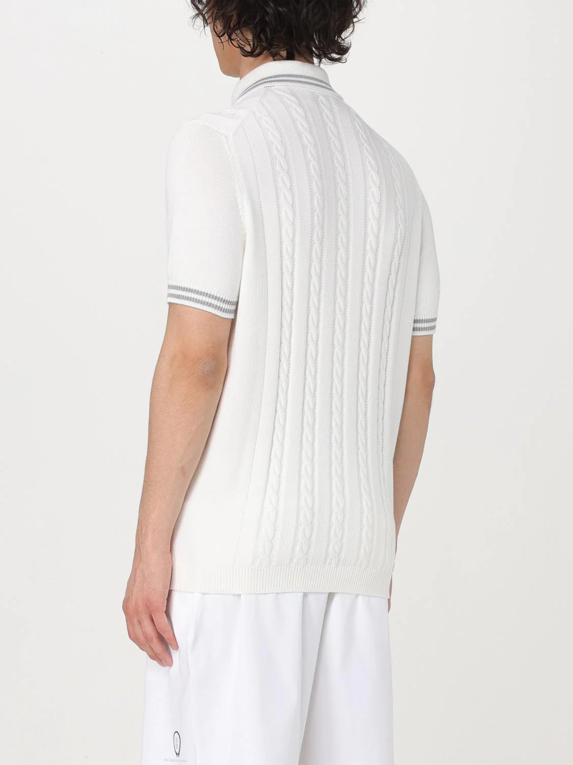 BRUNELLO CUCINELLI MEN'S IVORY CABLE-KNIT POLO SHIRT - Image 2