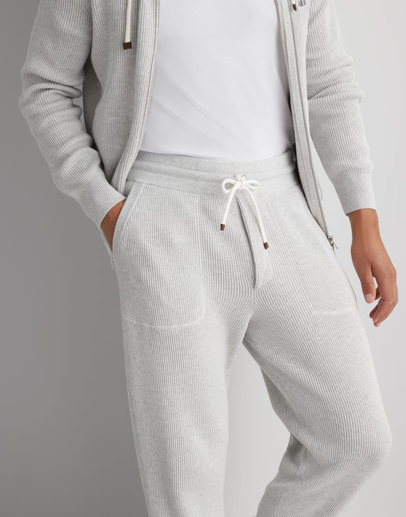 BRUNELLO CUCINELLI MEN'S LIGHT GREY RIBBED DRAWSTRING TROUSERS - Image 2