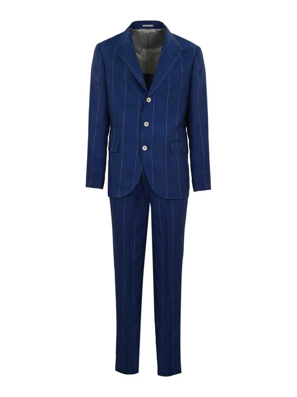 BRUNELLO CUCINELLI MEN'S INDIGO LINEN PINSTRIPE SUIT