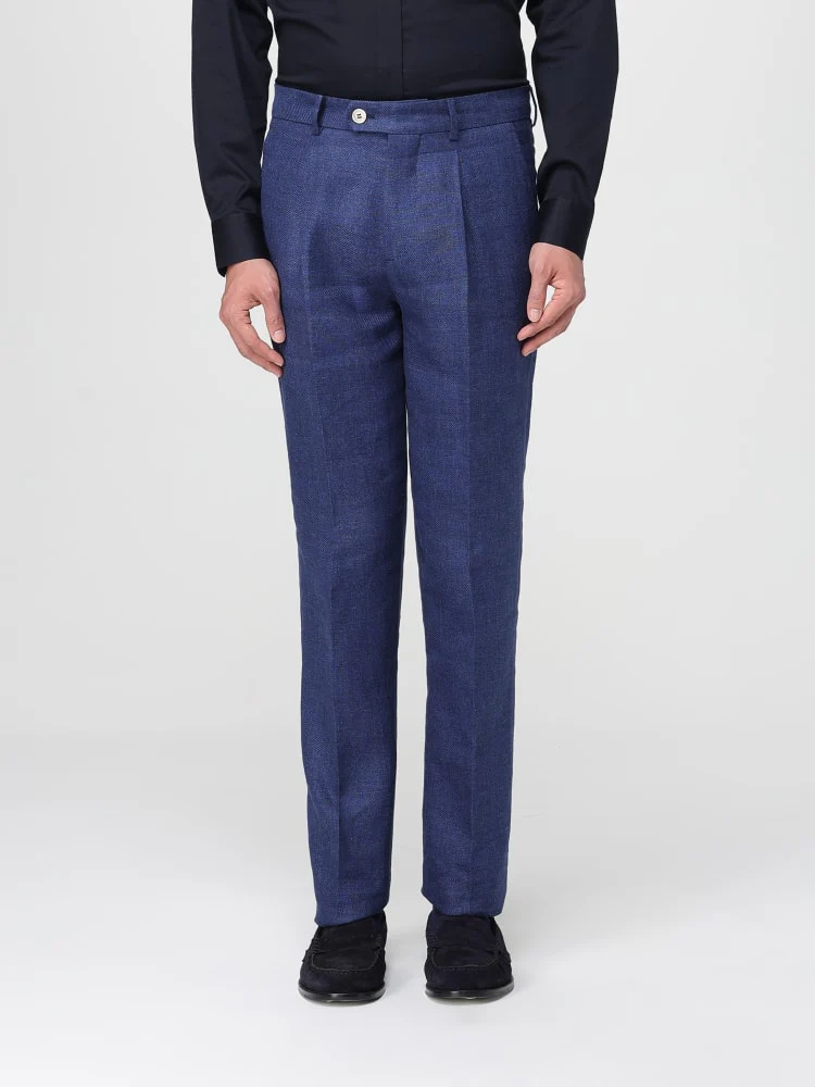 BRUNELLO CUCINELLI MEN'S INDIGO LINEN WOOL TAILORED TROUSERS