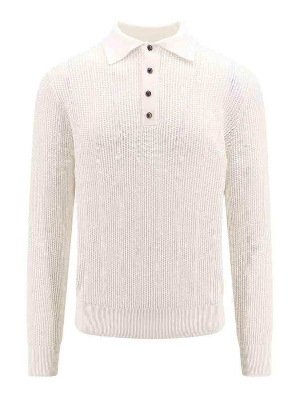 BRUNELLO CUCINELLI MEN'S IVORY KNIT POLO SWEATER