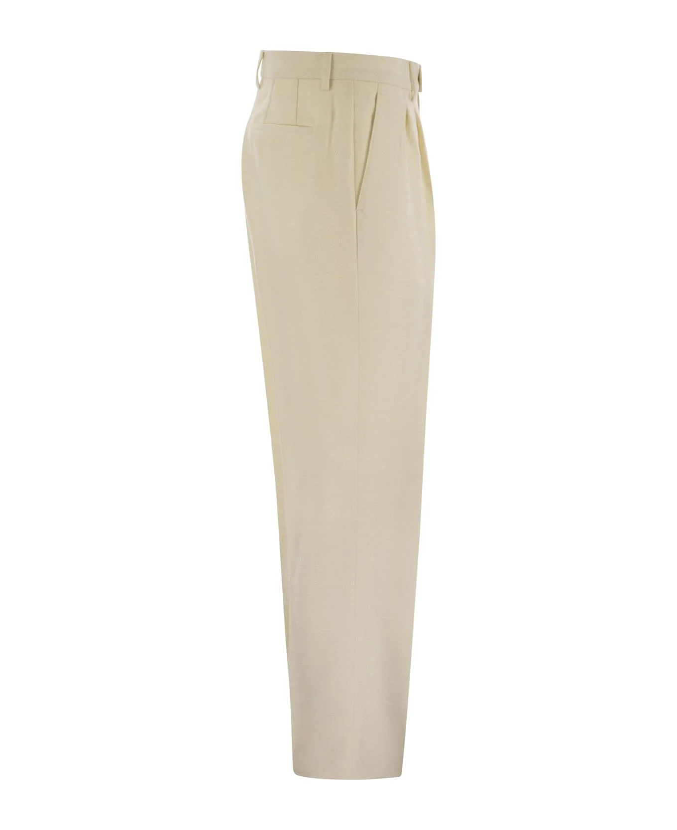 BRUNELLO CUCINELLI MEN'S IVORY LINEN SILK WOOL TROUSERS - Image 3