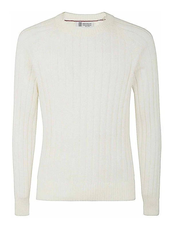 BRUNELLO CUCINELLI MEN'S IVORY RIBBED KNIT SWEATER