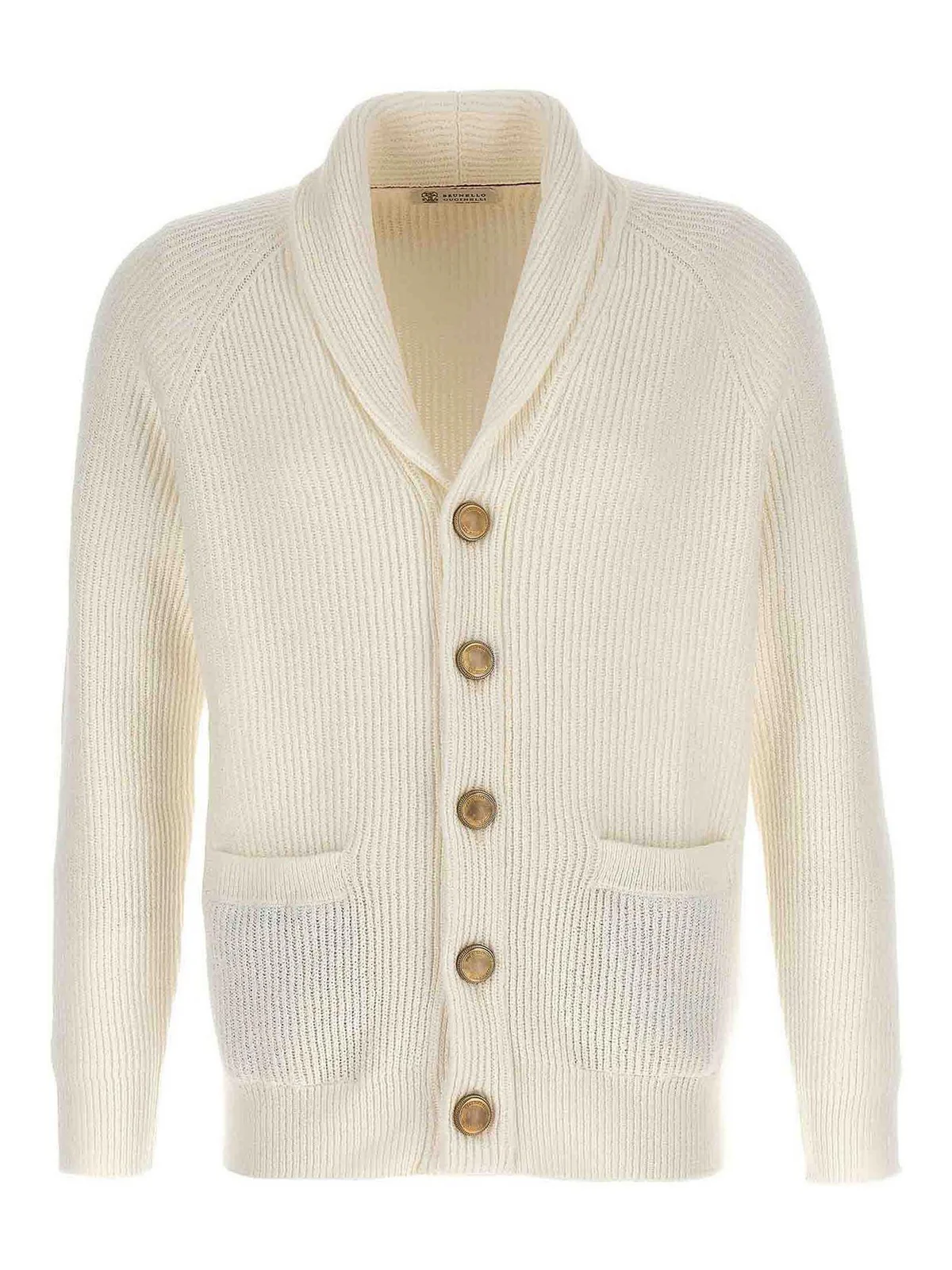 BRUNELLO CUCINELLI MEN'S IVORY SHAWL COLLAR KNIT CARDIGAN