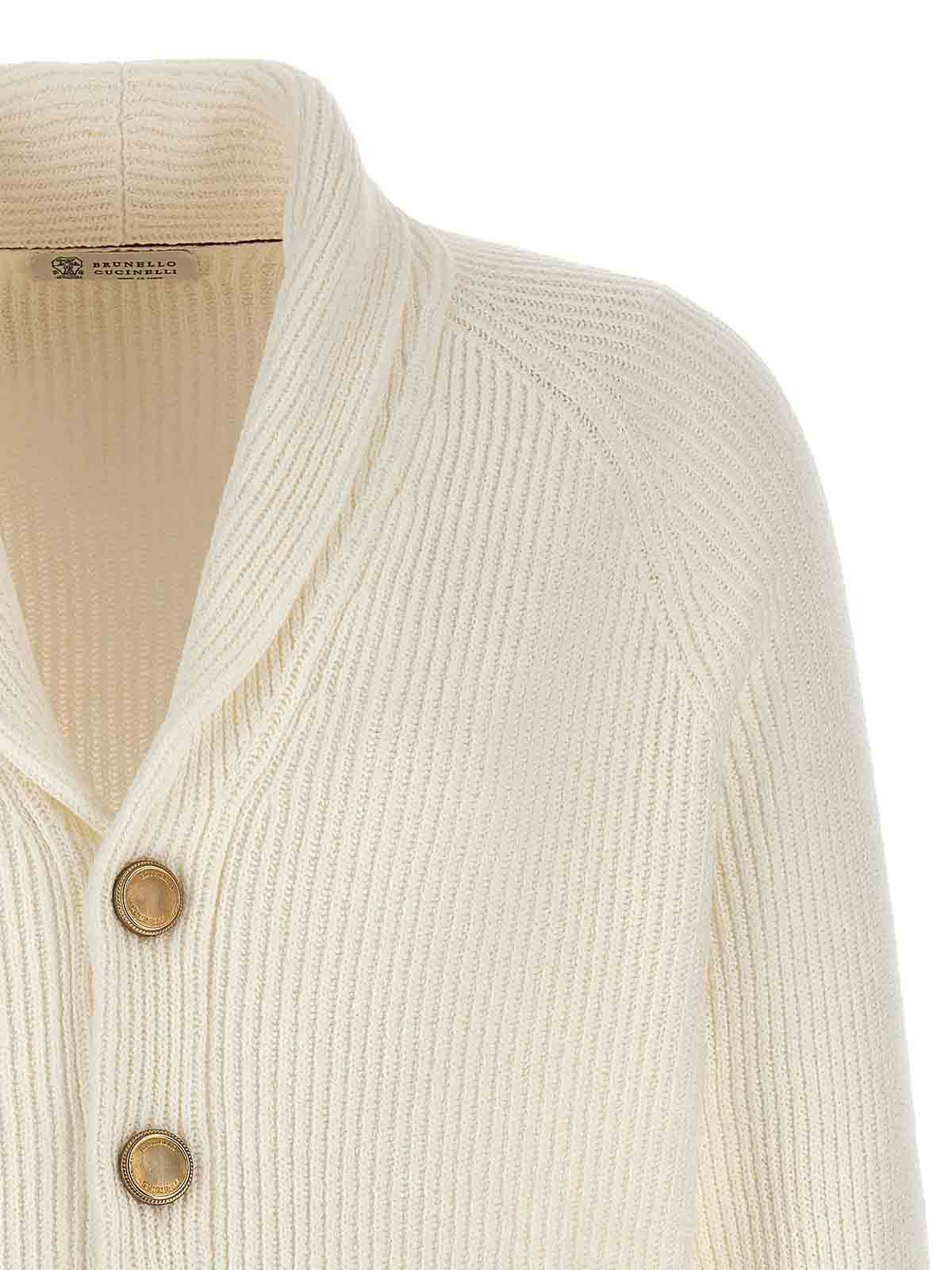 BRUNELLO CUCINELLI MEN'S IVORY SHAWL COLLAR KNIT CARDIGAN - Image 3
