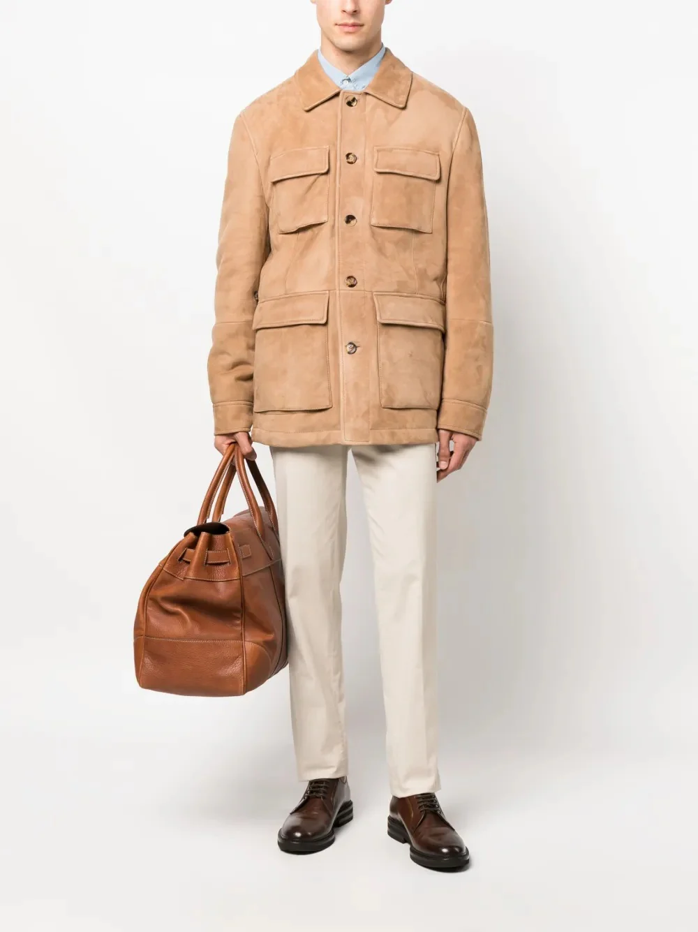 BRUNELLO CUCINELLI MEN'S TAN SUEDE UTILITY JACKET - Image 2