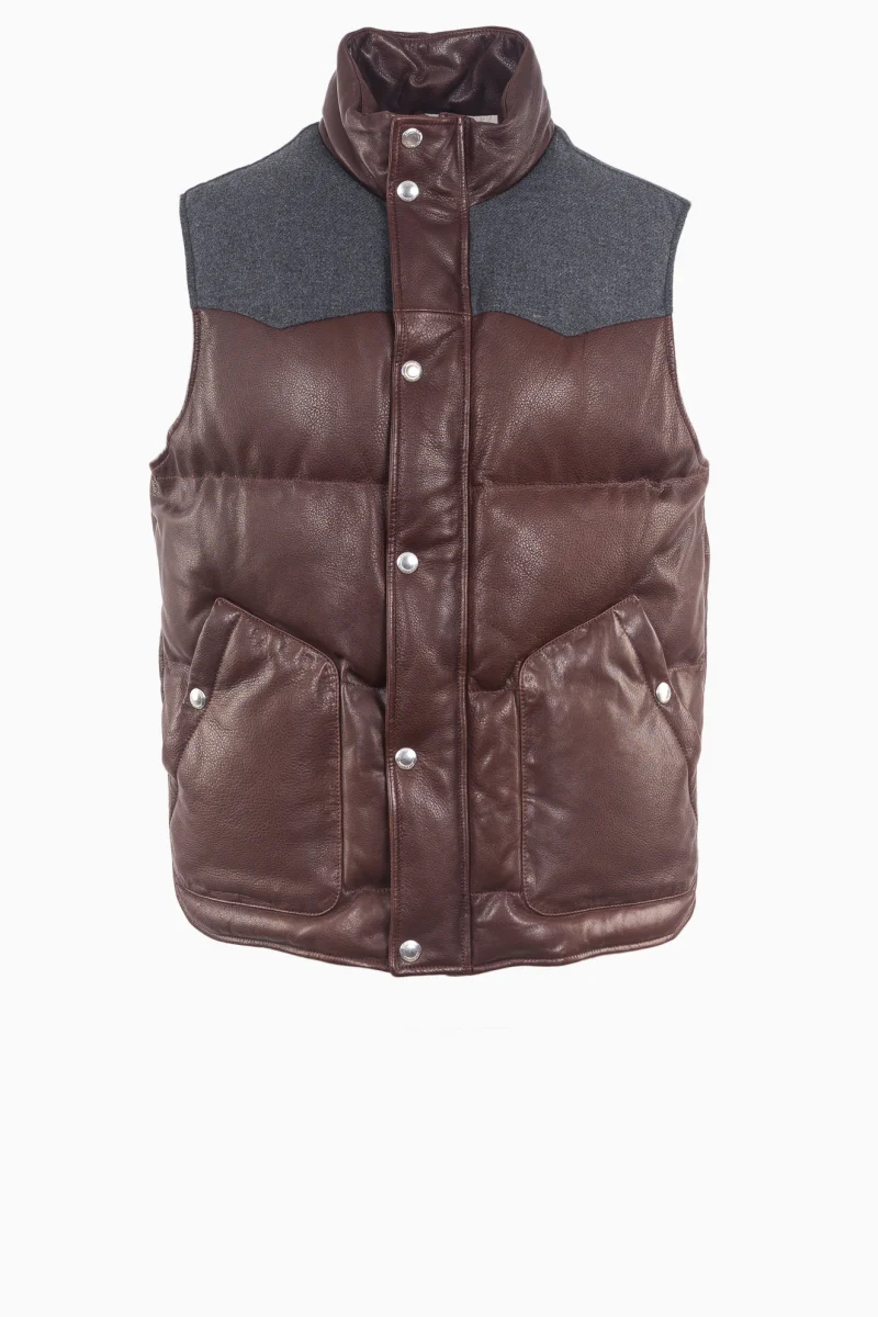 BRUNELLO CUCINELLI MEN'S BROWN LEATHER PUFFER VEST