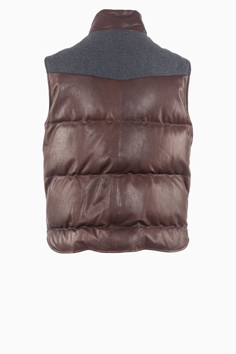 BRUNELLO CUCINELLI MEN'S BROWN LEATHER PUFFER VEST - Image 2
