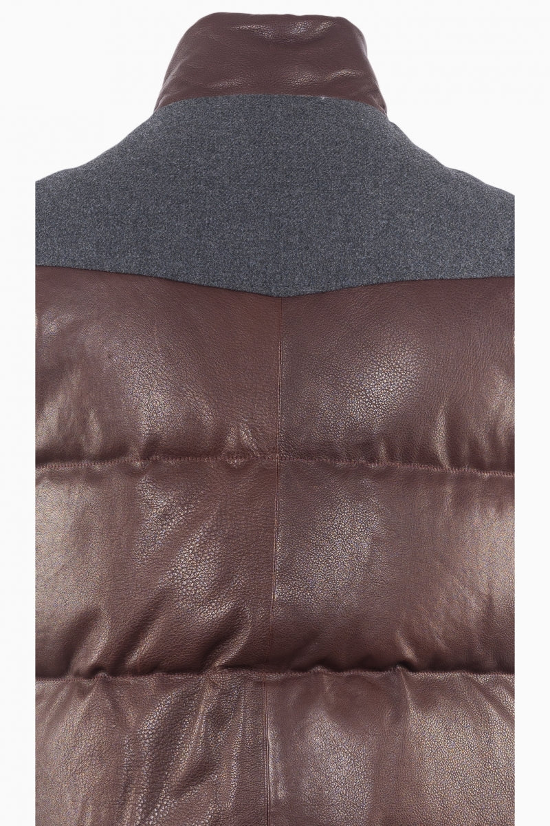 BRUNELLO CUCINELLI MEN'S BROWN LEATHER PUFFER VEST - Image 4