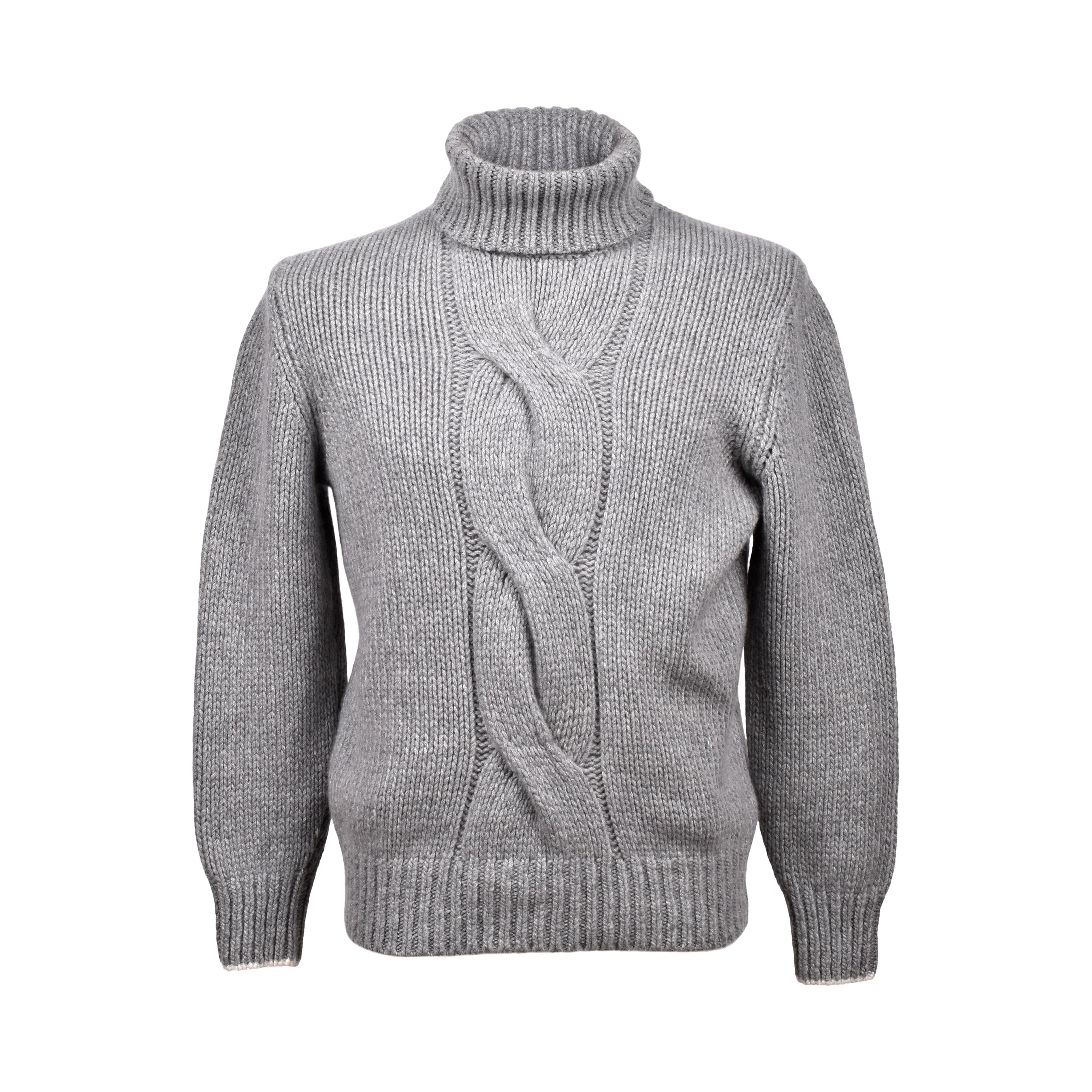BRUNELLO CUCINELLI MEN'S LIGHT GREY CASHMERE CABLE KNIT TURTLENECK