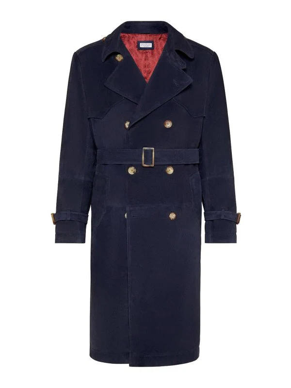 BRUNELLO CUCINELLI MEN'S NAVY LEATHER DOUBLE-BREASTED TRENCH COAT