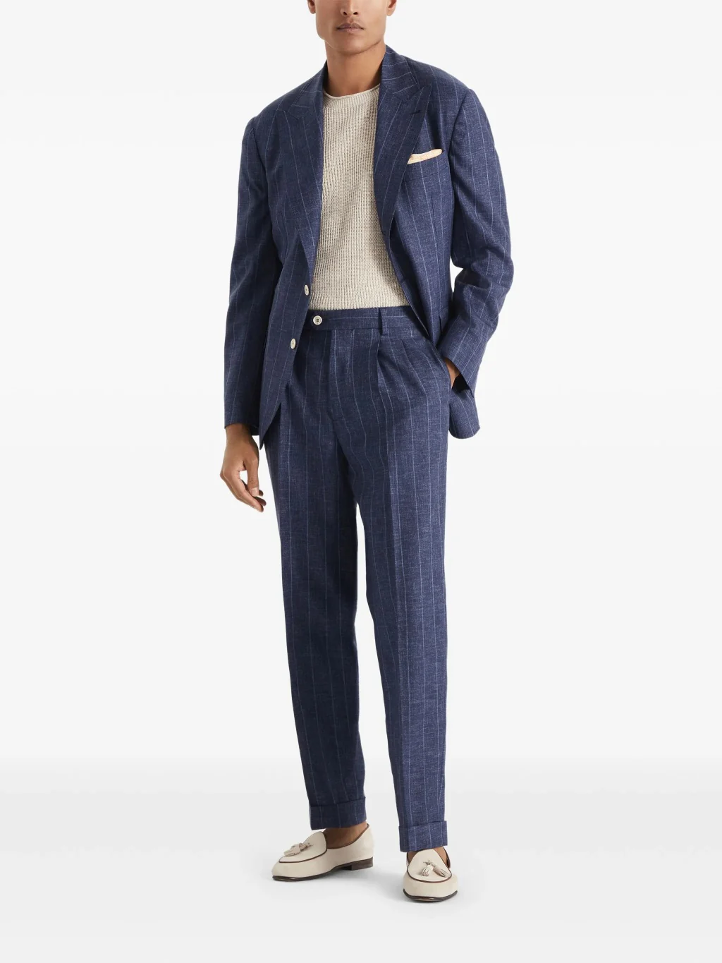 BRUNELLO CUCINELLI MEN'S NAVY WOOL PINSTRIPE TROUSERS - Image 2