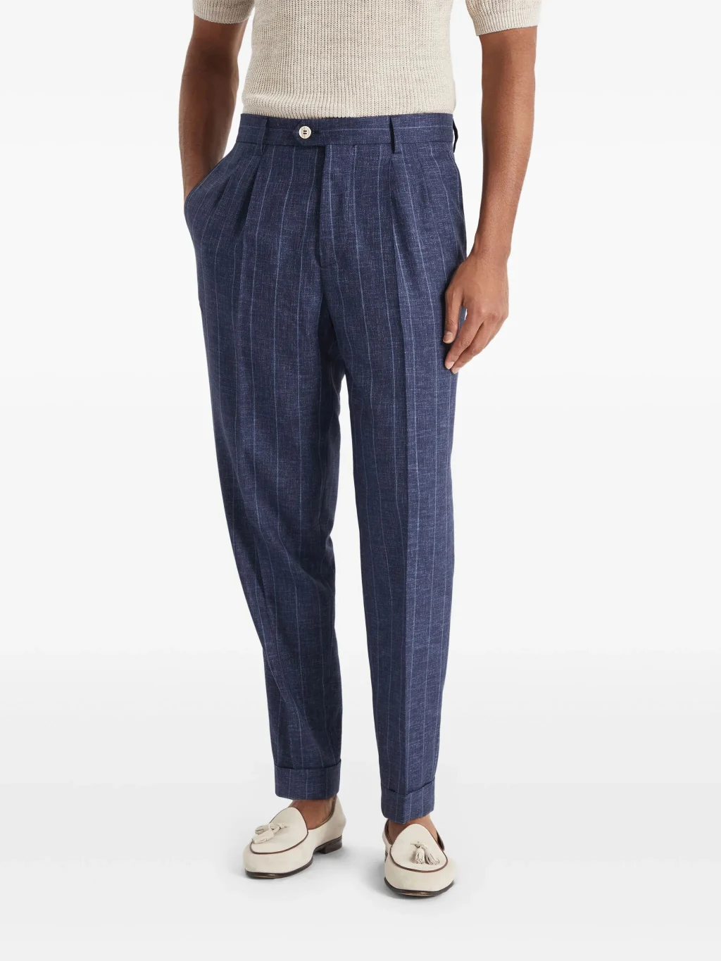 BRUNELLO CUCINELLI MEN'S NAVY WOOL PINSTRIPE TROUSERS - Image 3