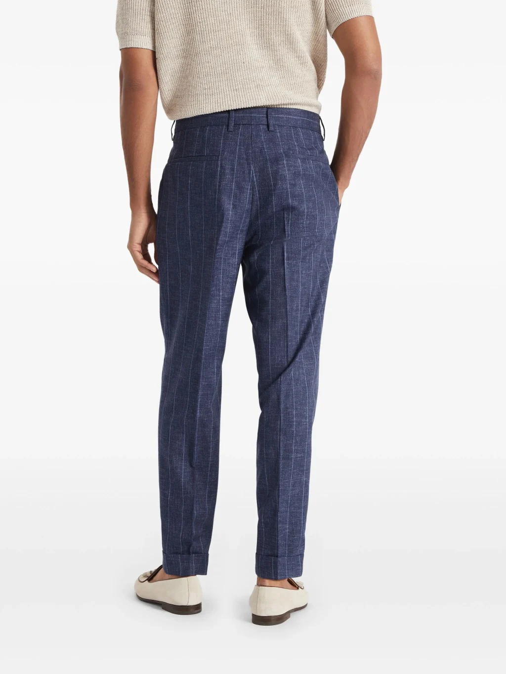 BRUNELLO CUCINELLI MEN'S NAVY WOOL PINSTRIPE TROUSERS - Image 4