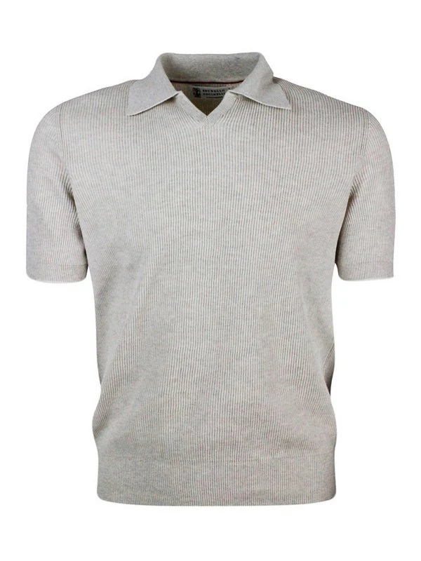 BRUNELLO CUCINELLI MEN'S OAT RIBBED KNIT POLO SWEATER