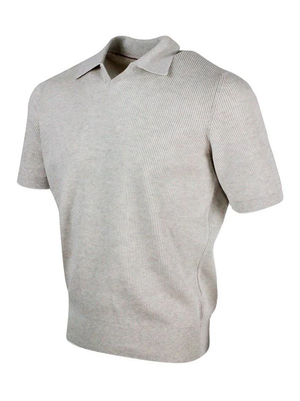 BRUNELLO CUCINELLI MEN'S OAT RIBBED KNIT POLO SWEATER - Image 3