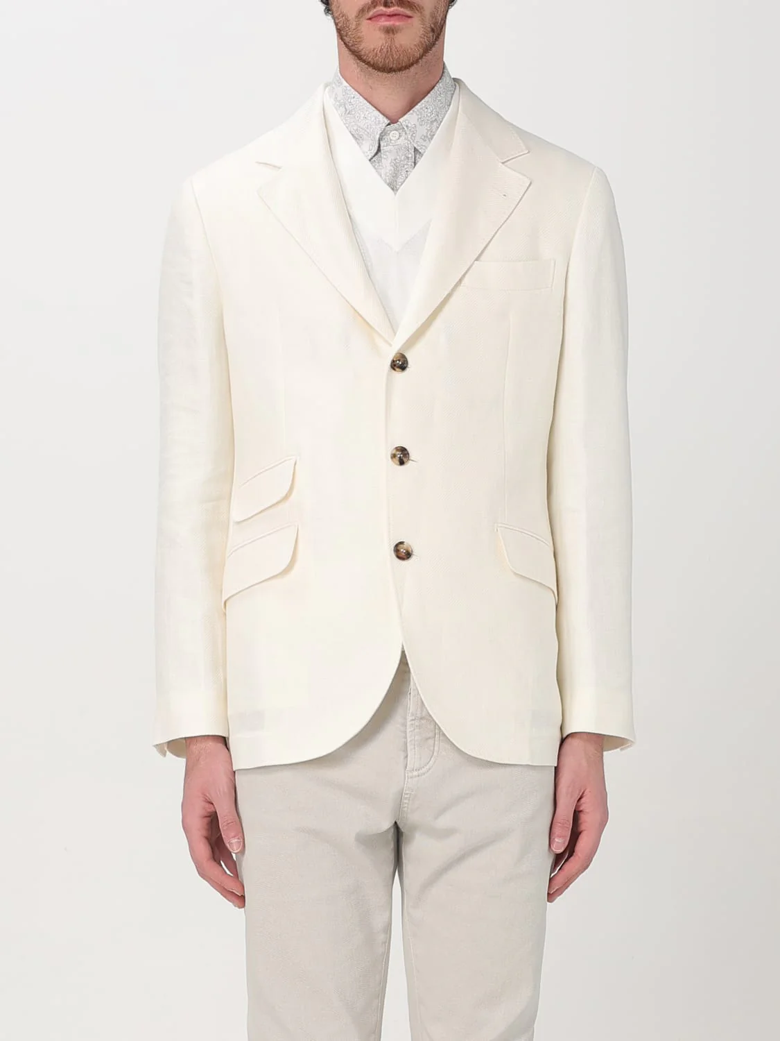BRUNELLO CUCINELLI MEN'S OFF WHITE LINEN WOOL BLAZER