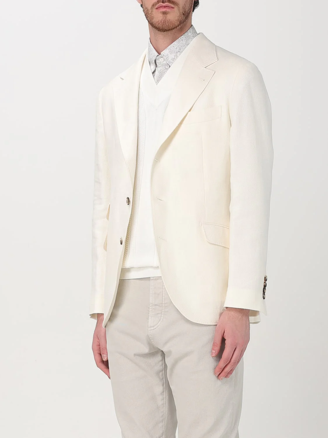 BRUNELLO CUCINELLI MEN'S OFF WHITE LINEN WOOL BLAZER - Image 4