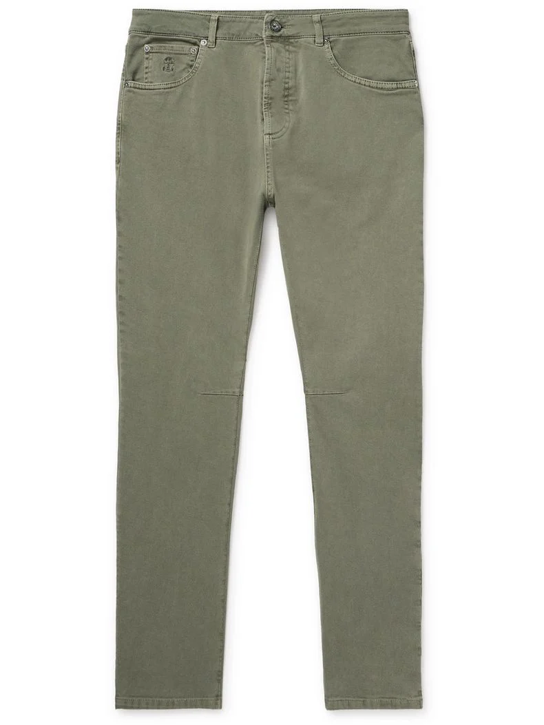 BRUNELLO CUCINELLI MEN'S OLIVE STRAIGHT-LEG TROUSERS